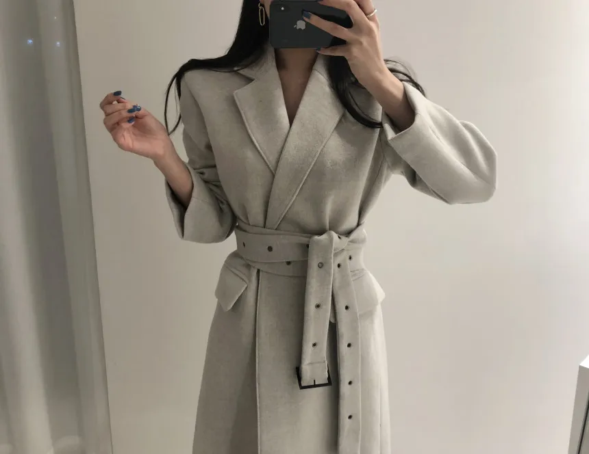 Hebaoli new fashion korean chic vintage style elegant lace up waistband slim long winter windbreaker woolen coat western women