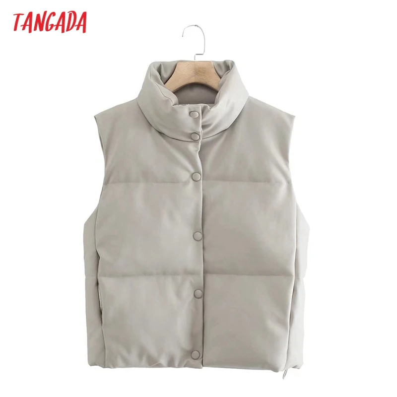 

Tangada женский бежевый жилет из искусственной кожи без рукавов парки Толстые 2021 зимние женские теплые элегантные пальто на молнии с карманами...