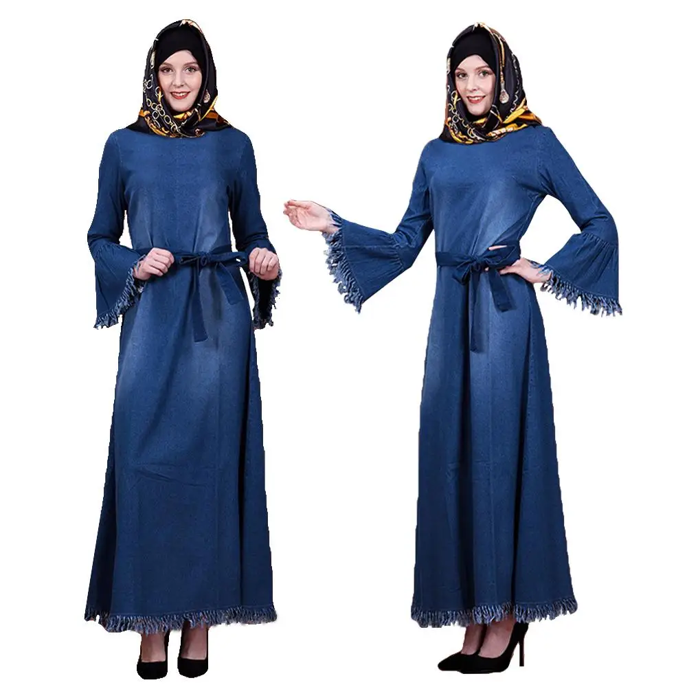 

Мусульманское платье макси Abaya, джинсовый кафтан, Исламский длинный вечерний халат, платье с бахромой, арабское средневосточное модное плат...