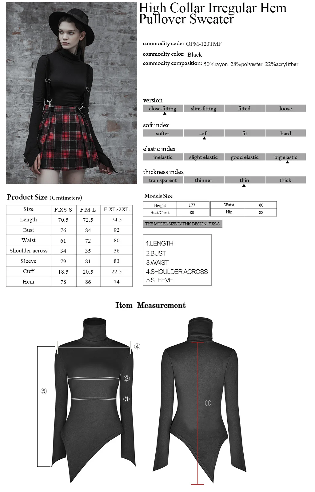 

PUNK RAVE Women High Collar Irregular Hem Pullover Sweater Slim Fit Long Sleeve Warm Winter Causal Sweater