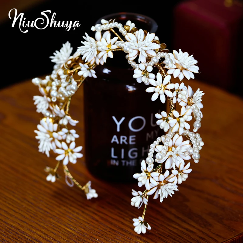 

NiuShuya Handmade Retro Golden Paint Flower Designs Wedding Hairband Fresh Little Daisy Bridal Head Jewelry