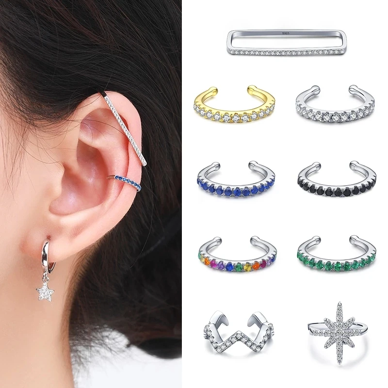 

1PC Ear Cuff Real s925 Sterling Silver Rainbow Fashion Unique Circle Tiny Clip Earrings For Women Girl Fine Jewelry Accessories