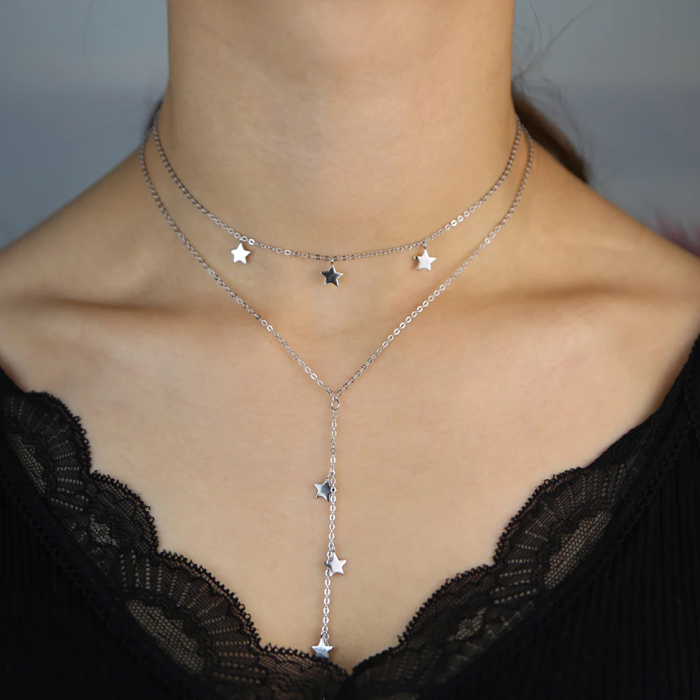 925 sterling silver star charm Y shape gold silver color link chain necklaces sexy women long lariat multi layed necklace