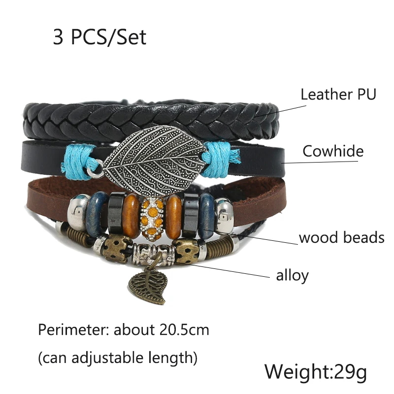 Новый модный дизайн мужской плетеный браслет из 3 частей винтажный Многослойный