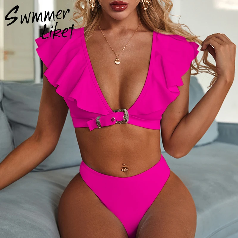 Винтажный купальник бикини с эффектом пуш ап Женский однотонный оборками