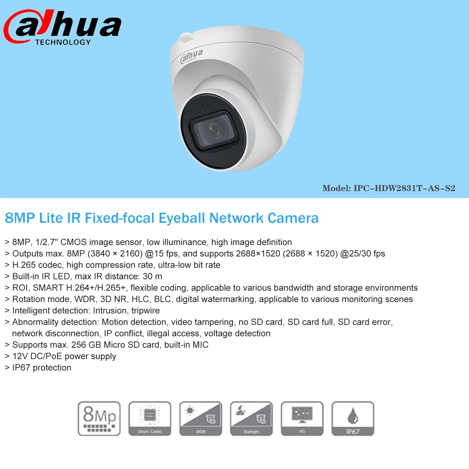 IP-камера Dahua 4K 8 МП со встроенным микрофоном H.265 + IP67 | Безопасность и защита