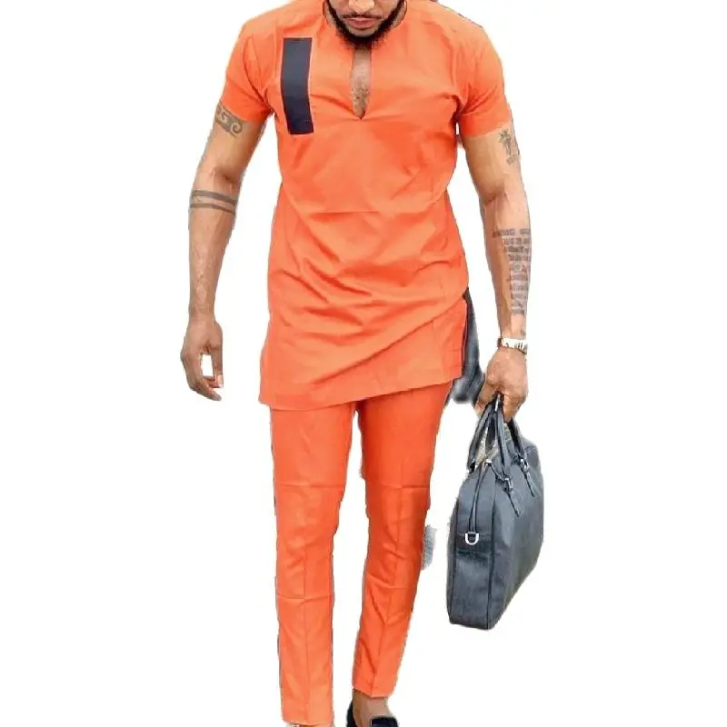 African clothes Men's Short Sleeve Shirts V-neck Fashion Patchwork Tops+Trousers Custom Made Outfits Orange Color Pant Set |