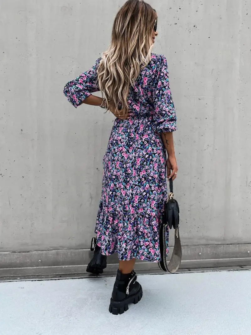 

2021 Long Sleeve Dresses Women Spring V-Neck Elegant Casual Slim Floral Leopard Print Boho Dress For Women