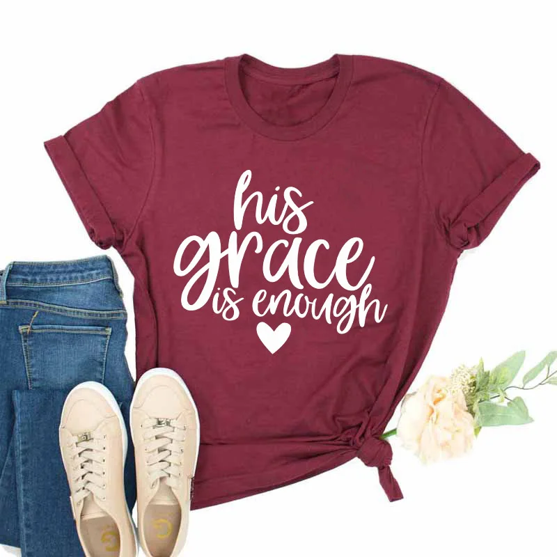 burgundy-white text Футболка с надписью «his grace is enough» серая футболка с надписью «His Grace is enough» хлопковая футболка с надписью «his grace is enough» S-3XL - Цвет: burgundy-white text
