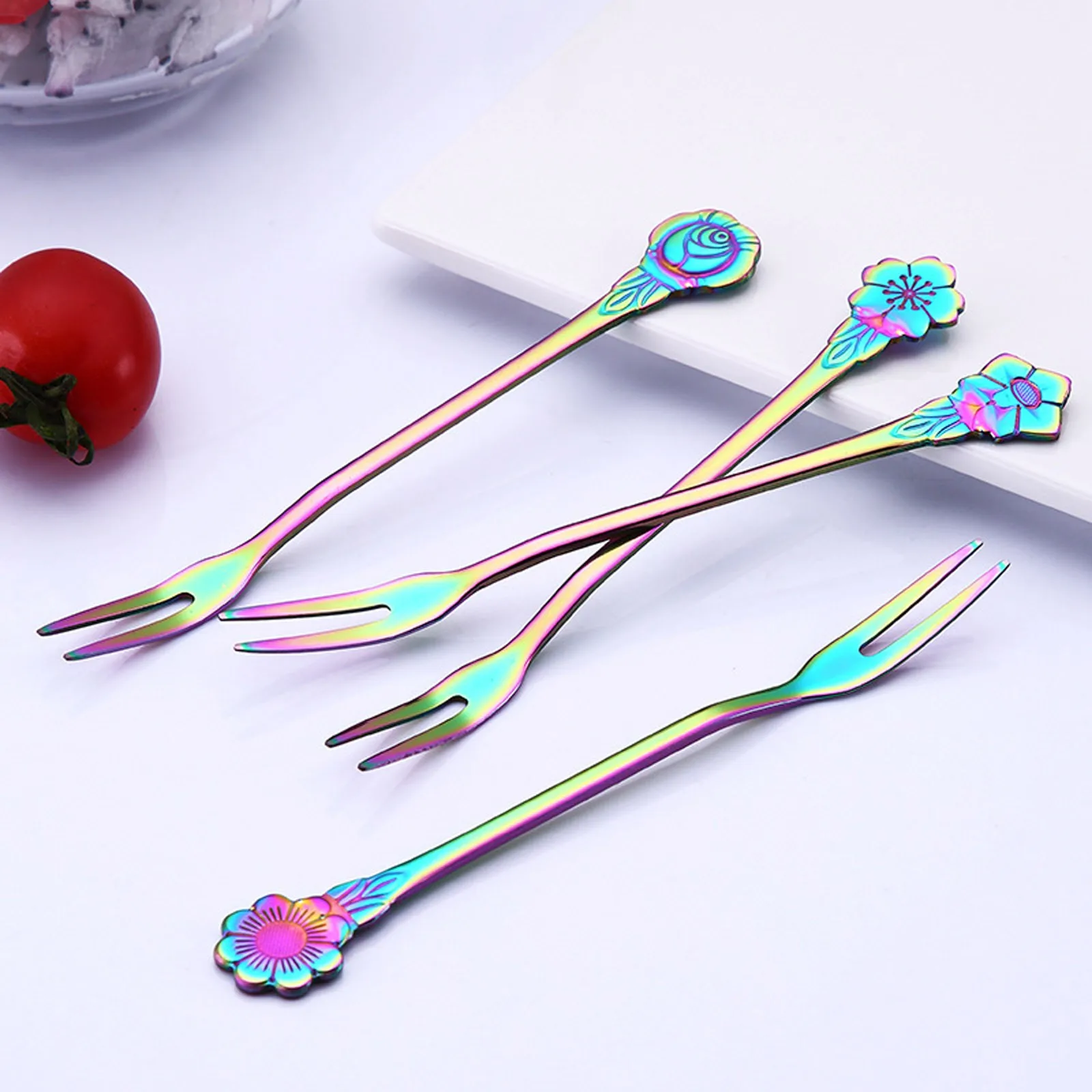 304 Stainless Steel Flower Seven Color Dessert Fork Fruit Cute Cat Spoon Cake Tiny | Дом и сад