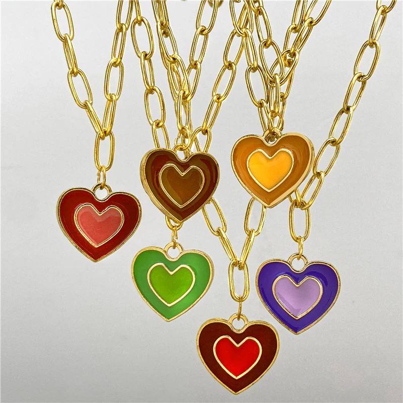 

Fashion Colorful Love Heart Couple Necklace For Women Men Couples Rainbow Heart Chain Choker Necklaces Lovers Jewelry