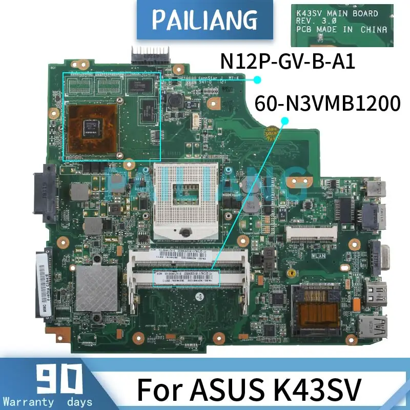 Placa-mãe para Computador Portátil Asus K43sv Placa Principal Rev.3.0 Hm65 N12p-gv-b-a1 Placa-mãe para notebook