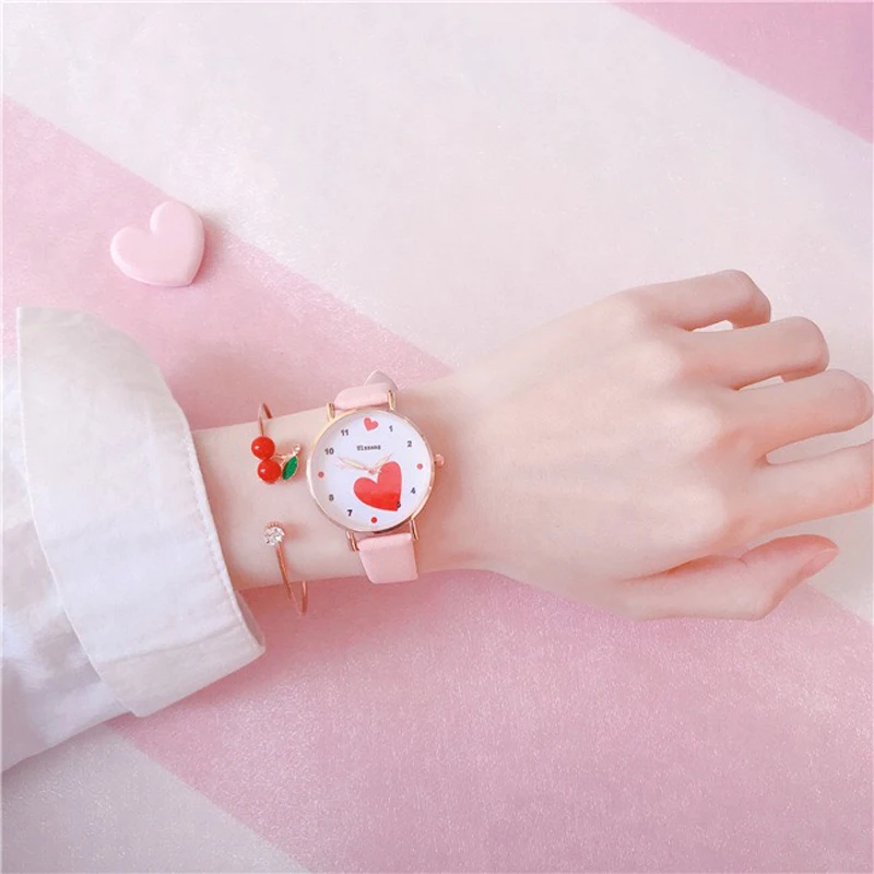 Простые часы Love популярные для девочек с кожаным ремешком милый детский браслет