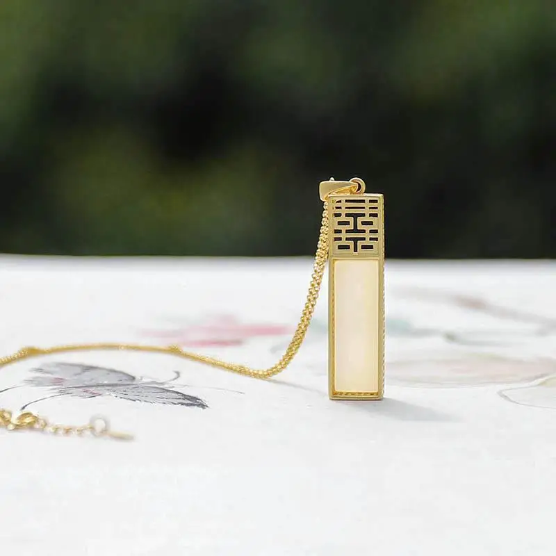 

Natural Hetian Jade White Jade S925 Sterling Silver Pendant Xi Character Rectangular Vintage Silver Jewelry Jade Gilding Craft