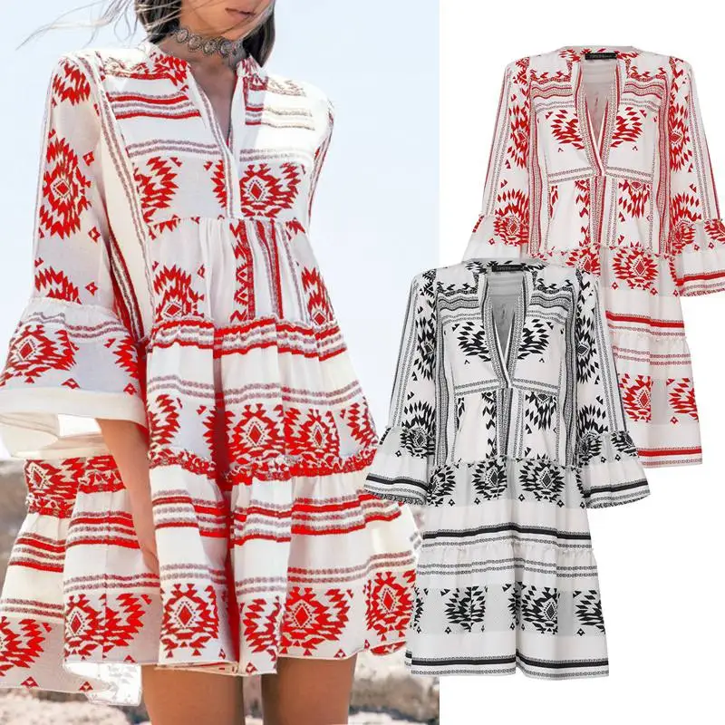 ZANZEA богемное женское платье в стиле пэчворк с принтом мини Vestidos женские летние пляжные платья для вечеринок сексуальное открытое платье с v-образным вырезом размера плюс 5XL