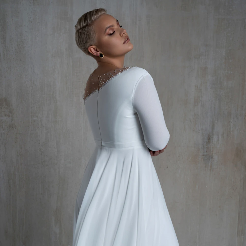 

Chiffon Plus Size Boho Wedding Dress Sexy Long Sleeves O Neck Pearls Beading A Line Bridal Gowns Slit Bride Dresses