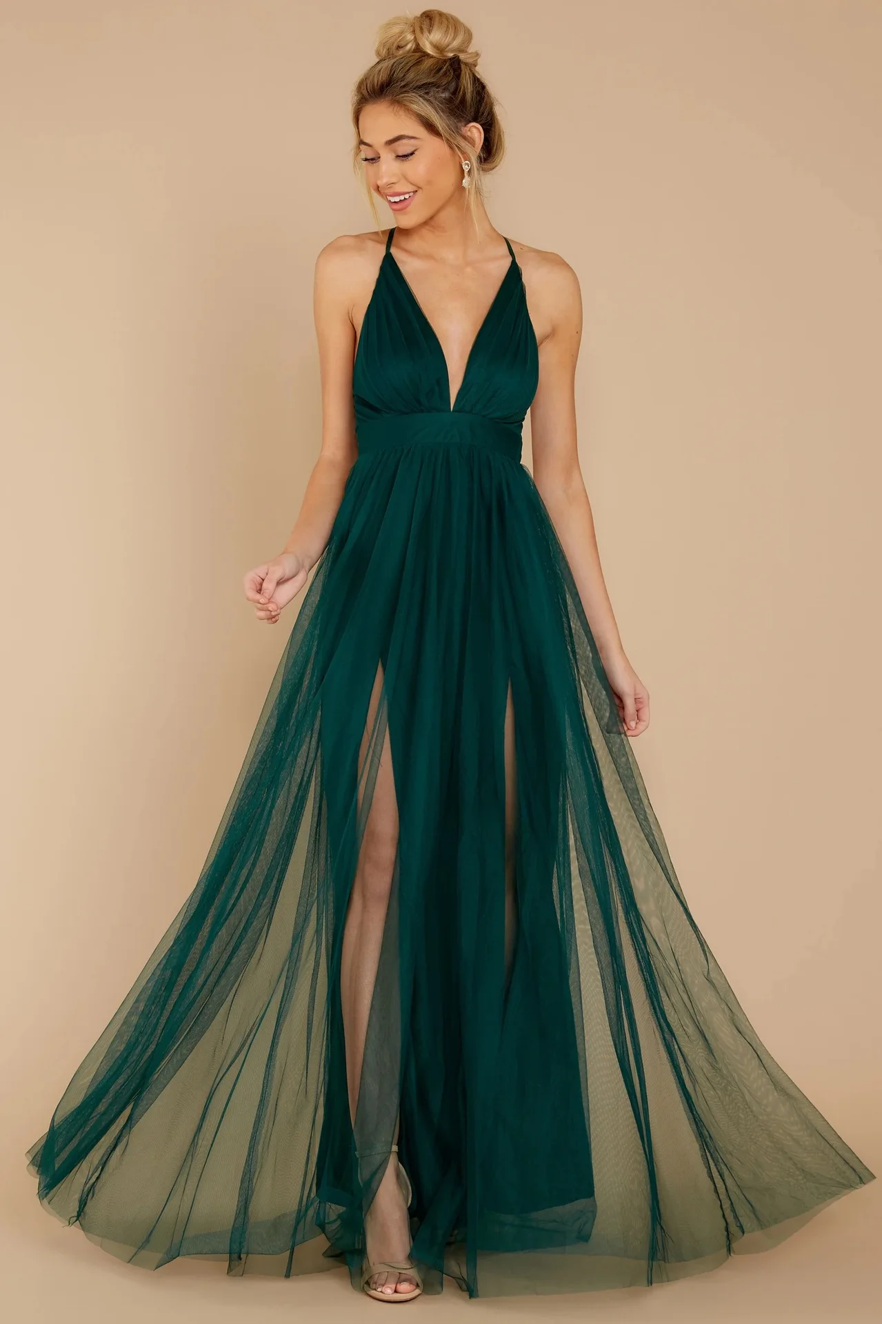 

2021 Summer Women's Sling Sexy Deep V Mesh Sling Dress Slim Beach Boho Female Long Dresses Chiffon Party Fashion Green
