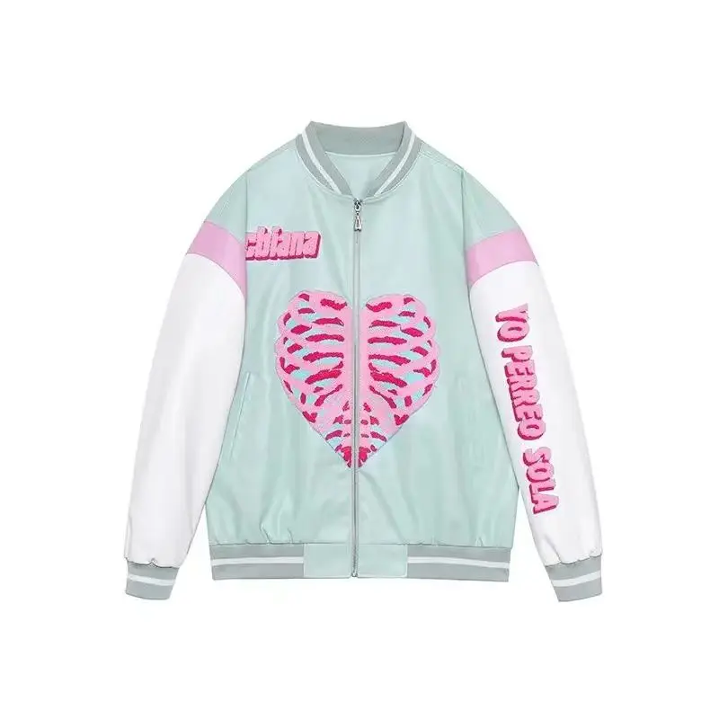 

2021 Spring Fashion Heart Printing Baseball Jacket Couple Clothes Jacket Women Coat Women Korean Coats Women Oversized Jacket