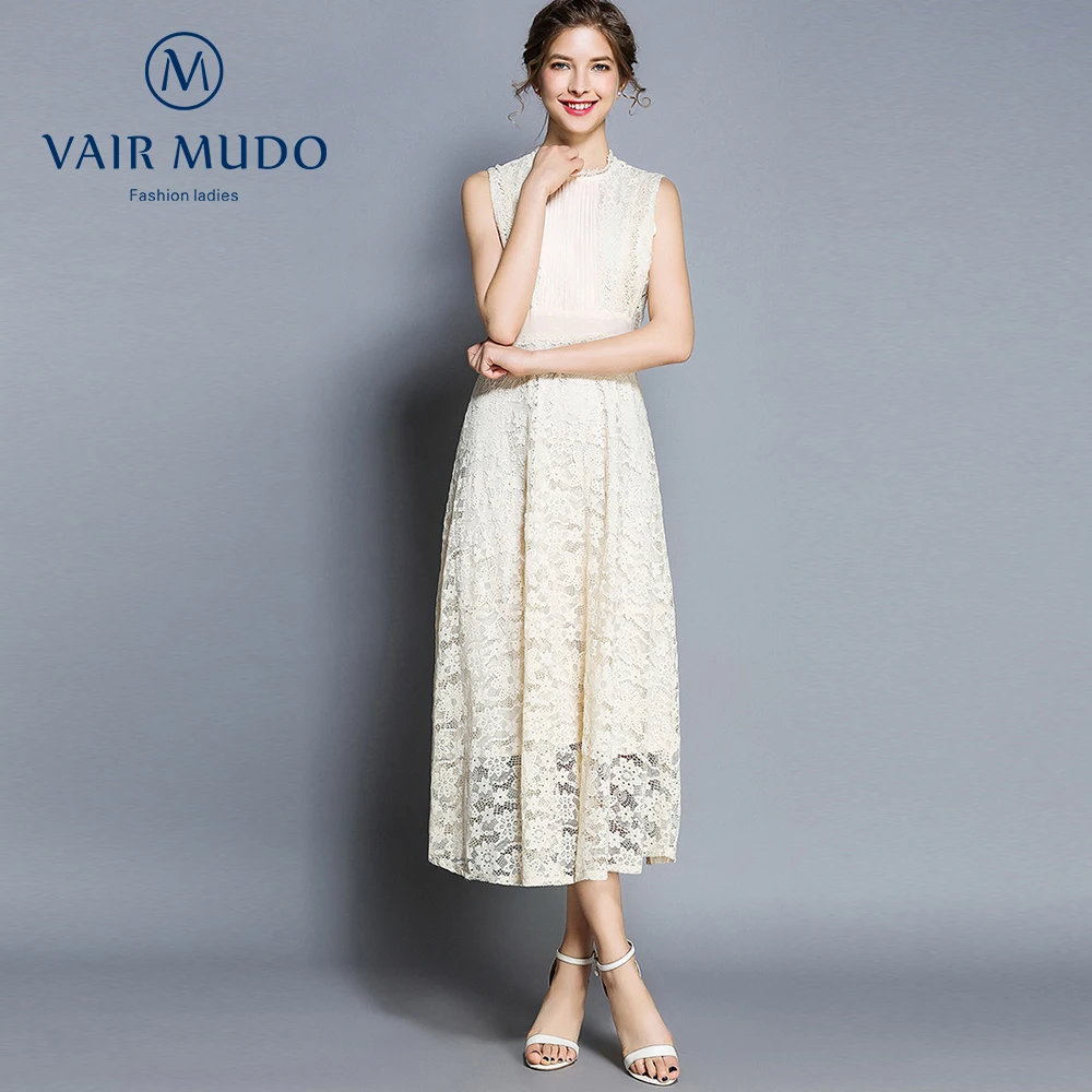 

Женское ажурное кружевное платье, женское Плиссированное кружевное платье-трапеция без рукавов, летнее женское элегантное бежевое платье ...