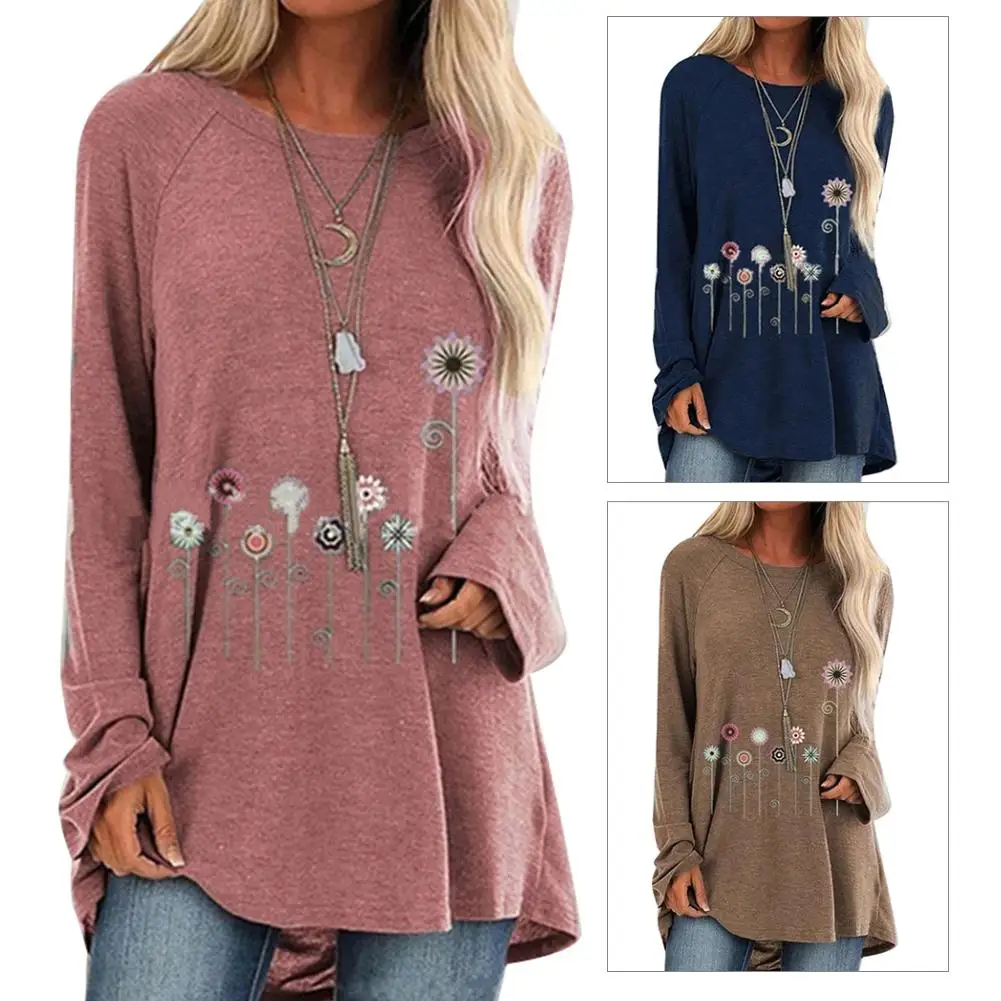 Женская блузка с длинным рукавом круглым вырезом и цветочным принтом | одежда