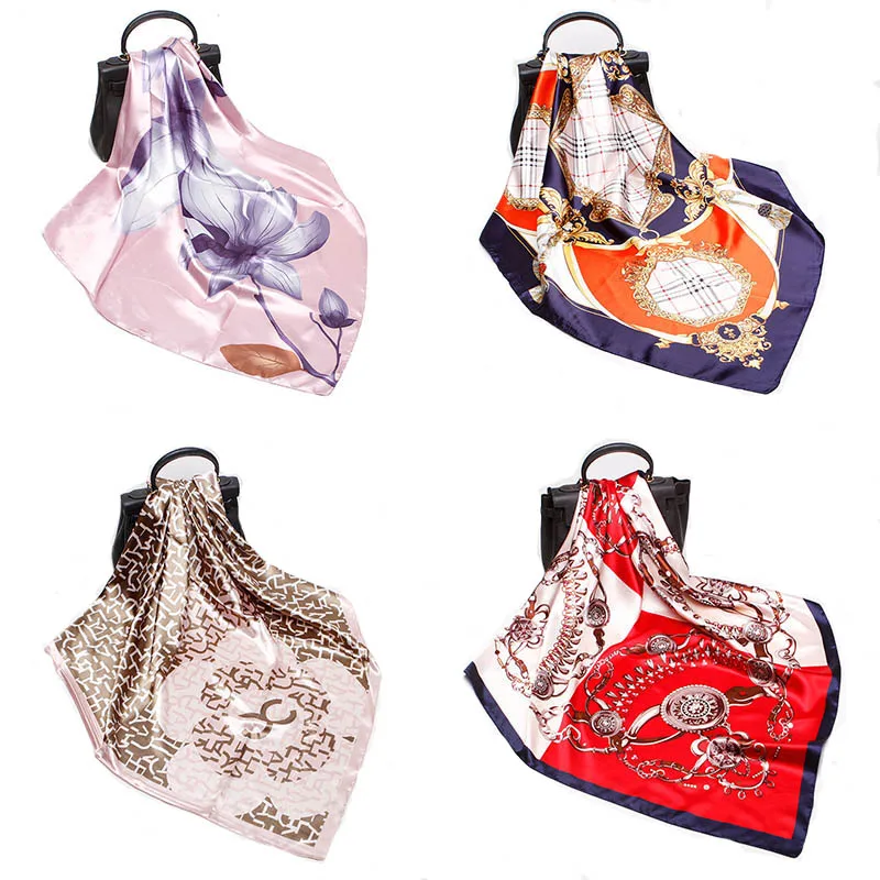 

Women Scarves Print Kapok Scarves Simulation Silk 90 cm Satin Square Scarfs Shawl Flower harajuku royal blue shawls and wraps