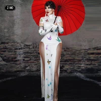 vintage cheongsam singer dancer stage costume drag queen birthday dress women sexy print butterfly oriental folk chinese outfits