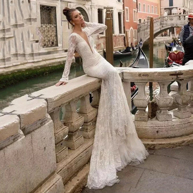 

Wedding dressE Mermaid wedding dress v-neck long sleeve sequins backless wedding gown lace trailing white