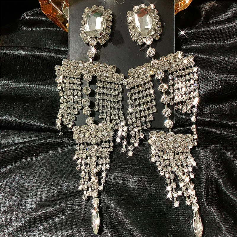 

Large Crystal Chandelier Earrings for Bridal Full Rhinestone Statement Jewelry Sparkly! Clear Crystal Pageant Long Earrings OK3C