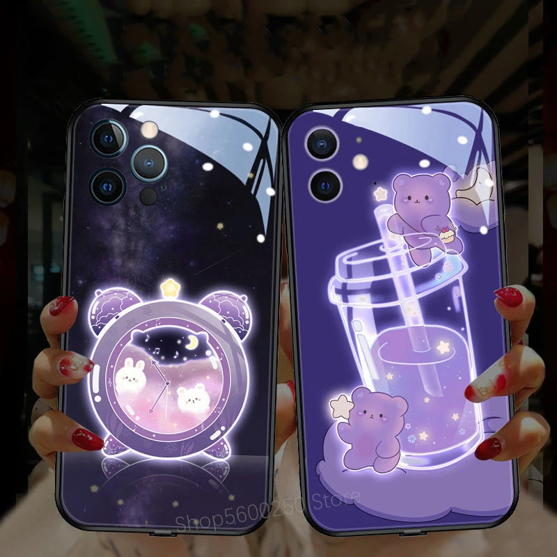 3D Purple Bear Bubble Boba Tea Case For iPhone 12 Mini 11 Pro XS Max XR 7 8 Plus Call LED Glow Soft TPU Back Cover