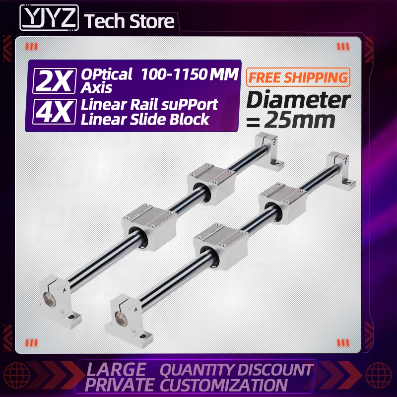 

Linear optical axis guide rail solid chrome plated OD25mm L=100-1150mm, 4pc SCS25UU linear slider + 4pc SK25 bearing support