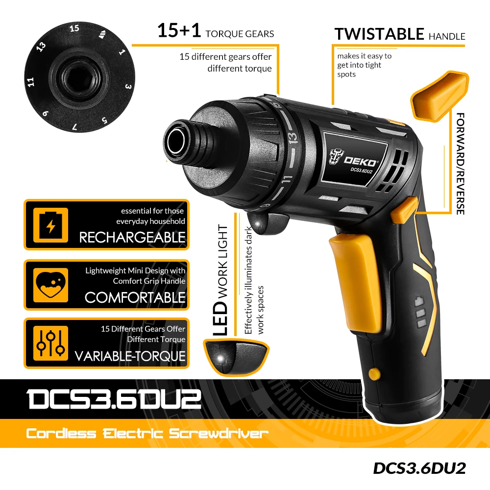 DEKO DCS3.6DU2 Беспроводная электрическая отвертка Бытовая аккумуляторная батарея с