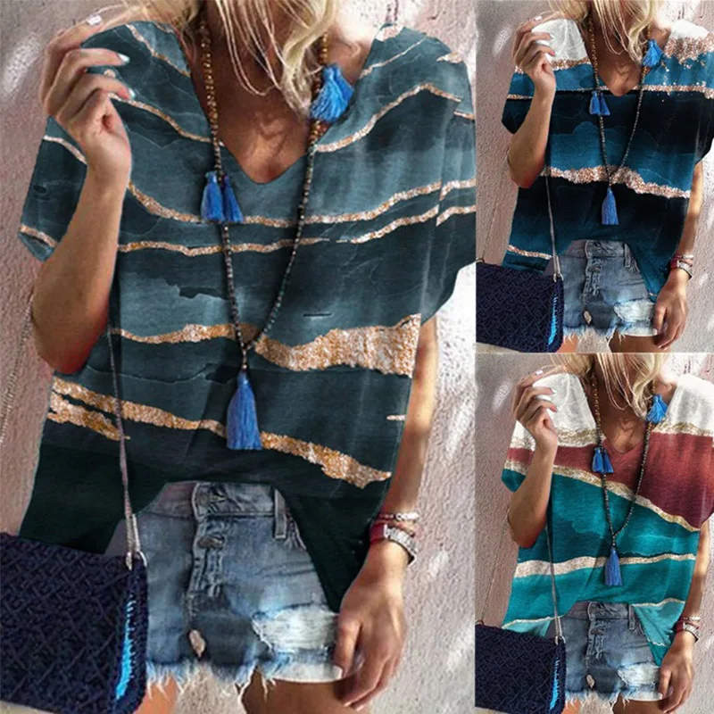 

V Neck Short Sleeve Tees Women Summer Fashion Casual Print Shirt Loose Oversize Pullover Vintage Tshirt Ropa De Mujer S-5XL