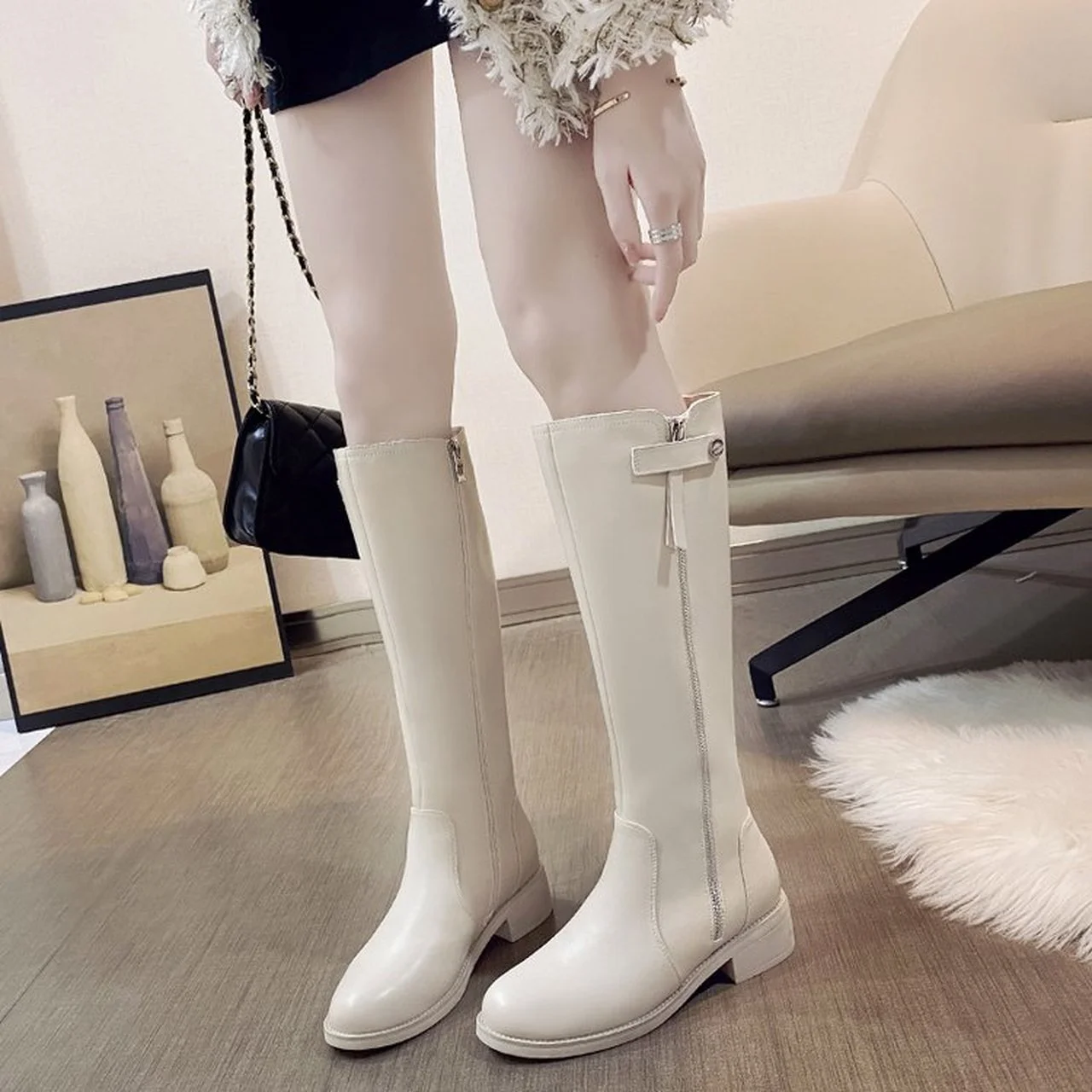 

Autumn and winter thick heel knee-length classic round toe side zipper women's fur boots 2021 casual low-heeled women's shoes