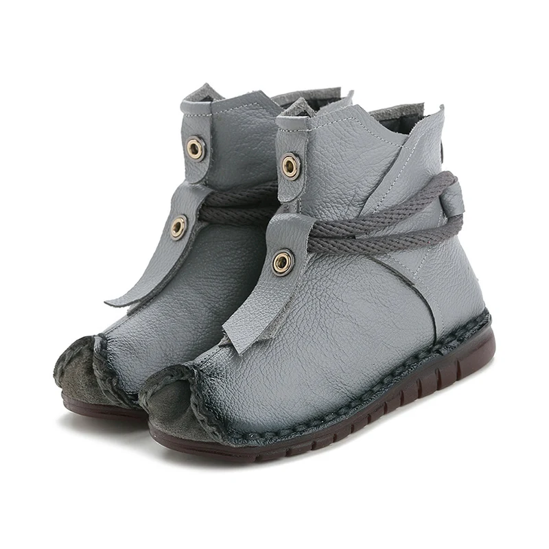Gray Cotton MCCKLE/женские ботильоны из натуральной кожи; обувь на плоской подошве со складками; женская теплая плюшевая зимняя обувь на молнии; женские модные короткие ботинки в стиле ретро - Цвет: Gray Cotton