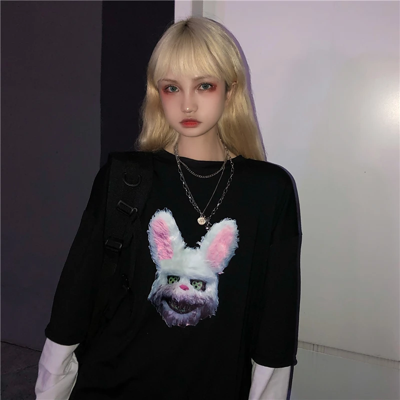Lychee Harajuku, о-образный вырез, Лоскутная женская футболка, длинный рукав, Поддельные 2 штуки, осенние женские футболки, принт с темным Кроликом, женская футболка