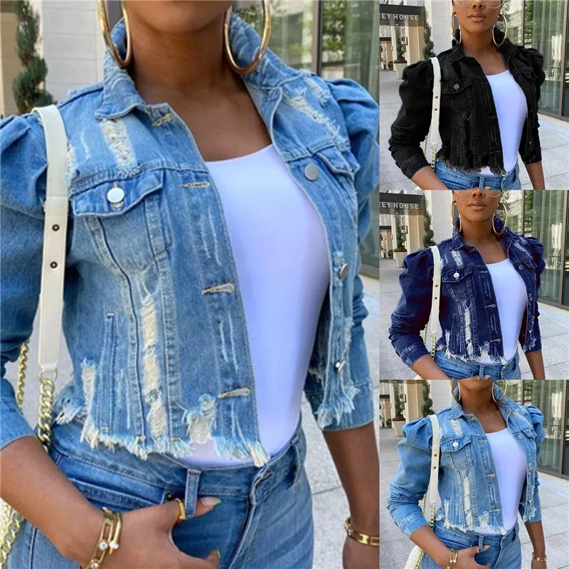 

Women Sexy Cropped Ripped Denim Jackets 2021 Vintage Casual Short Jean Jacket Puff Sleeve Spring Female Coat Streetwear Outwear