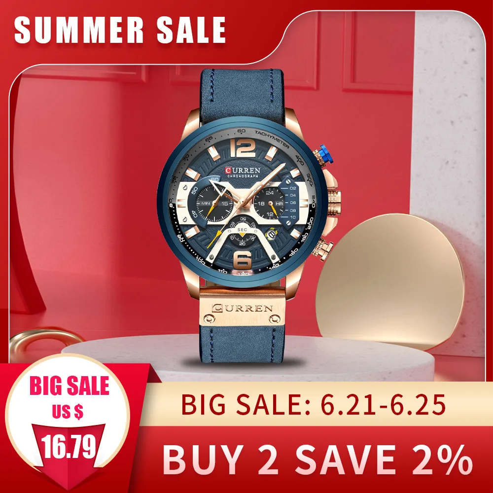 CURREN Casual Sport Watches for Men Blue Top Brand Luxury Military Leather Wrist Watch Man Clock Fashion Chronograph Wristwatch