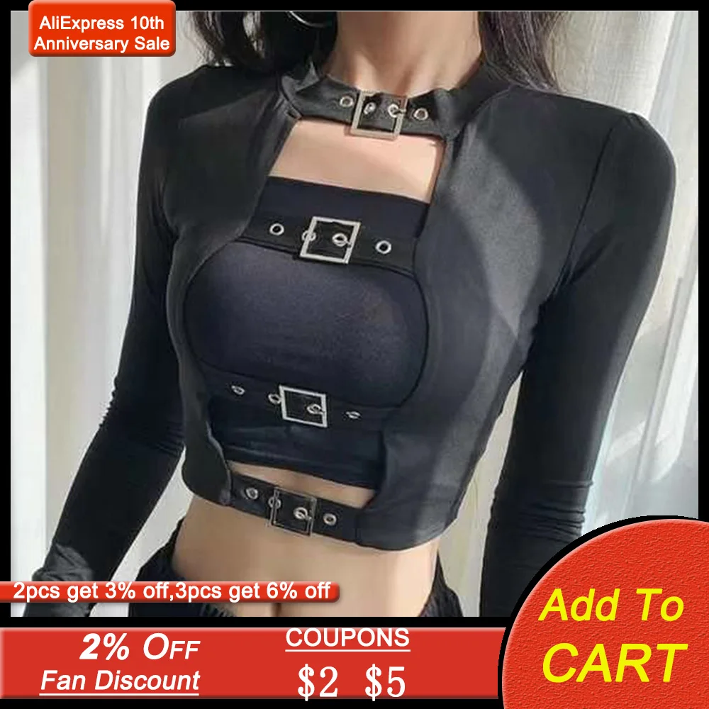 Женская готическая футболка сексуальная женская панк модная черная ажурная с