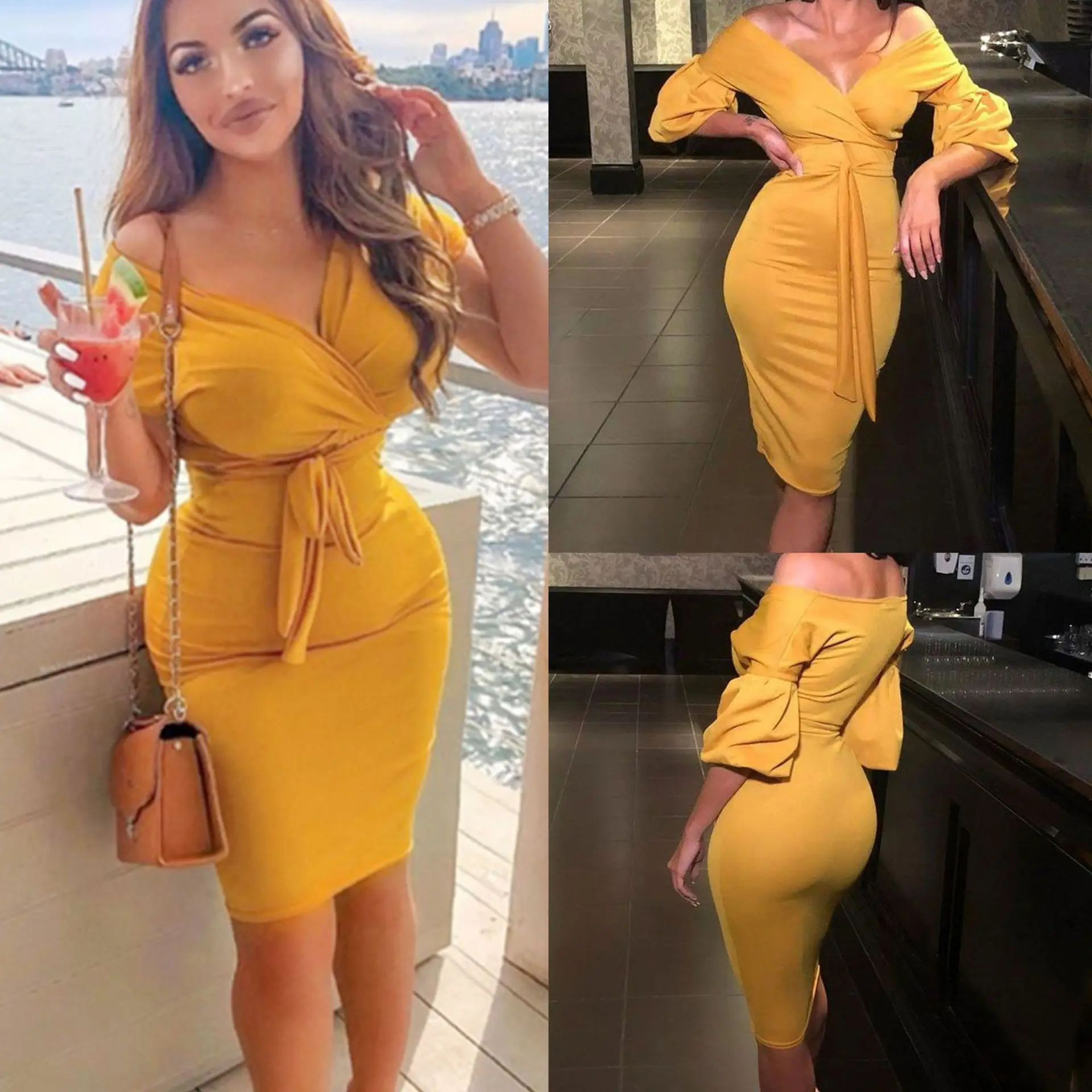 Соблазнительное элегантное желтое облегающее платье с низким вырезом и