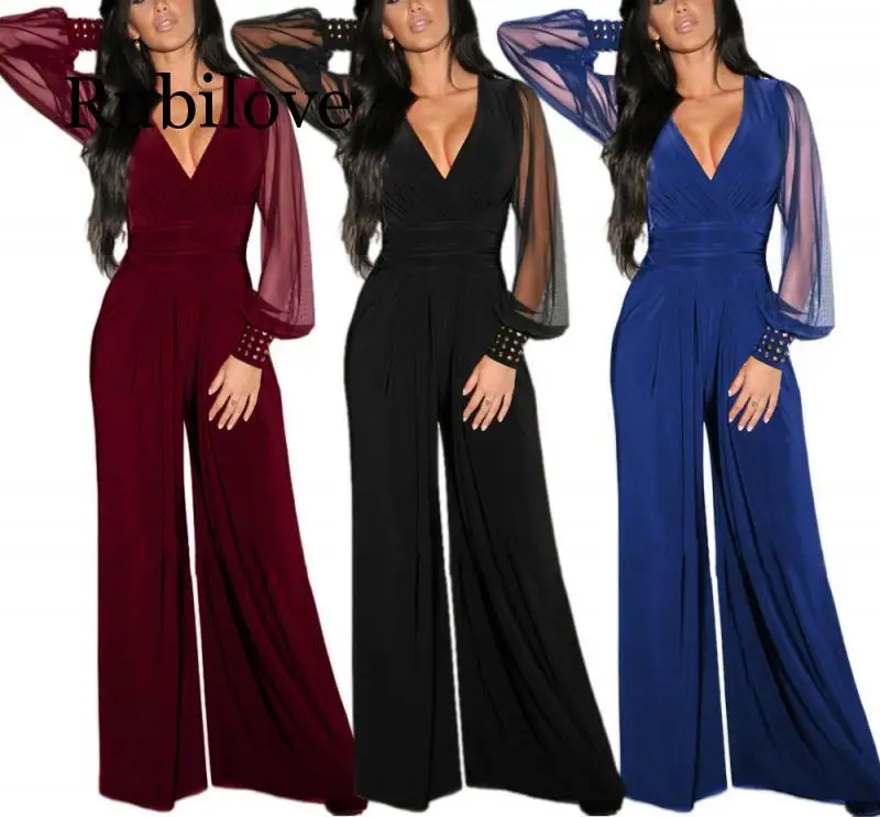 Женский комбинезон с V образным вырезом длинным рукавом и заклепками|Женские