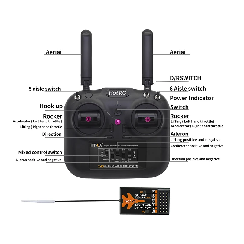 

HOTRC HT-6A 2.4G 6CH FHSS Dual Antenna Transmitter SBUS/6CH/FC Gyro Receiver for RC Drone Helicopter Vehicles FPV Racing Drone