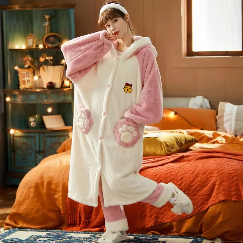 Women Winter Pajamas Set Thick Warm Sweet Cute Long-Sleeved Trousers Sleepwear Casual Loose Home Clothing Female