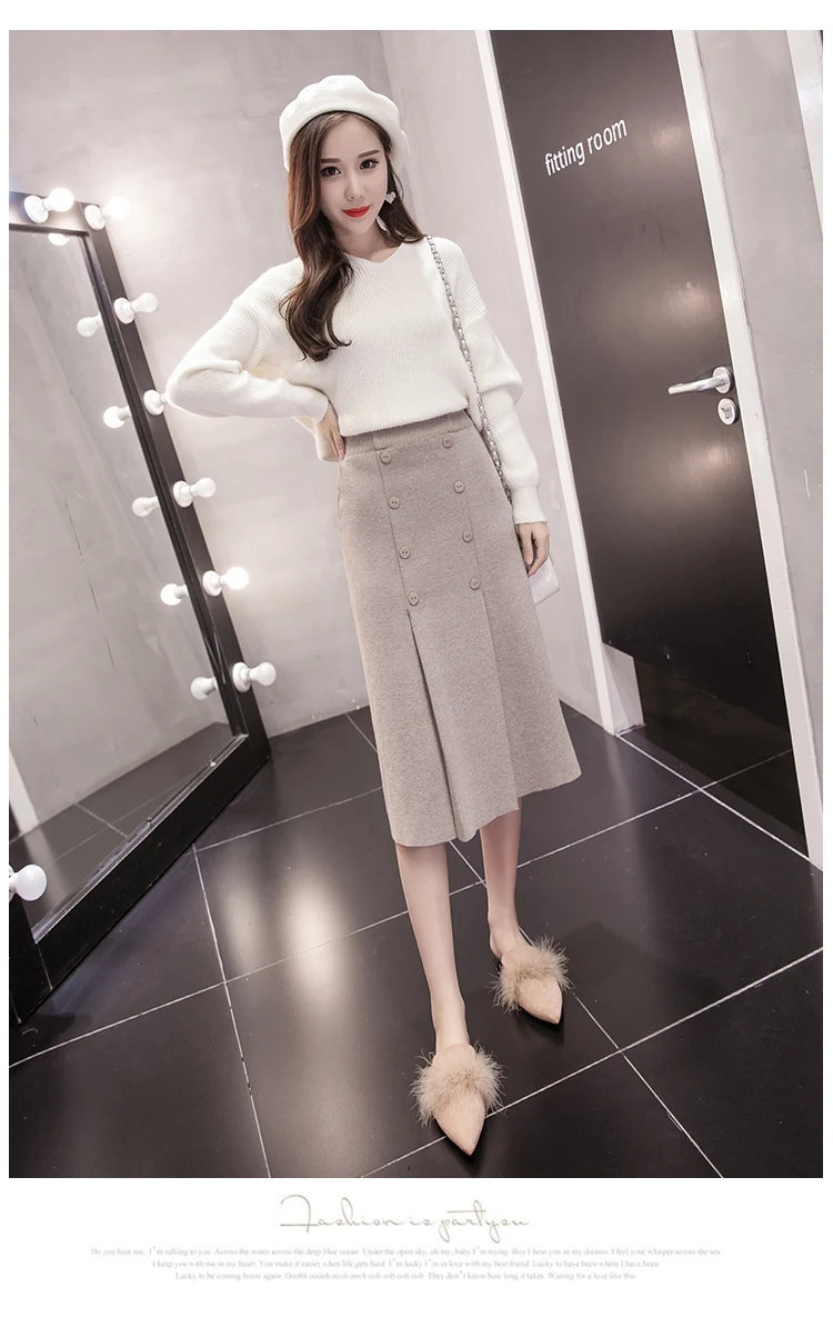 High Waist Stretch Knitted Skirt Women Elegant Double breasted Straight Long Skirts Female Autumn Winter Vintage Pleated Skirt