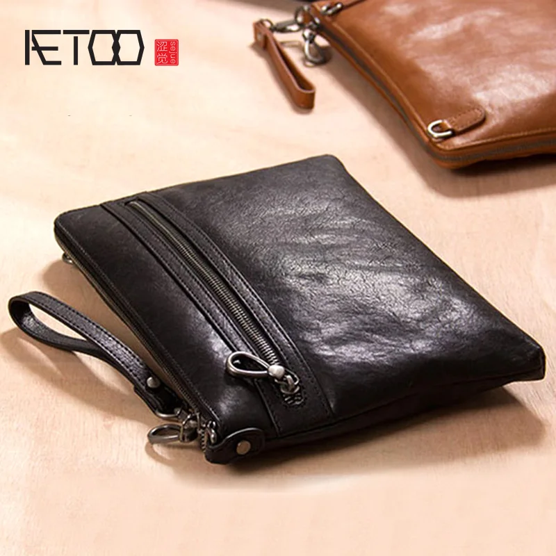 AETOO мужская кожаная сумка черная деловая Большая вместительная мягкая ручная