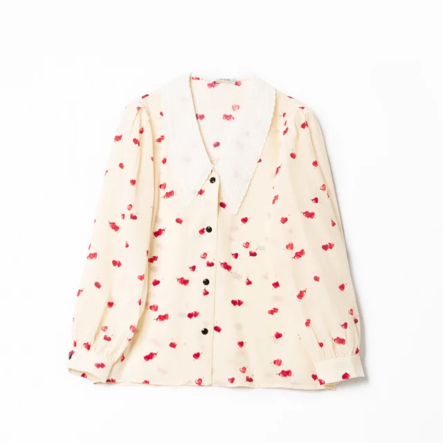 

Women Long Sleeve Silk Heart Print Shirt for Ladies Soft Peter pan Collar Single Breasted Loose 2021 Autumn New Female Blouse
