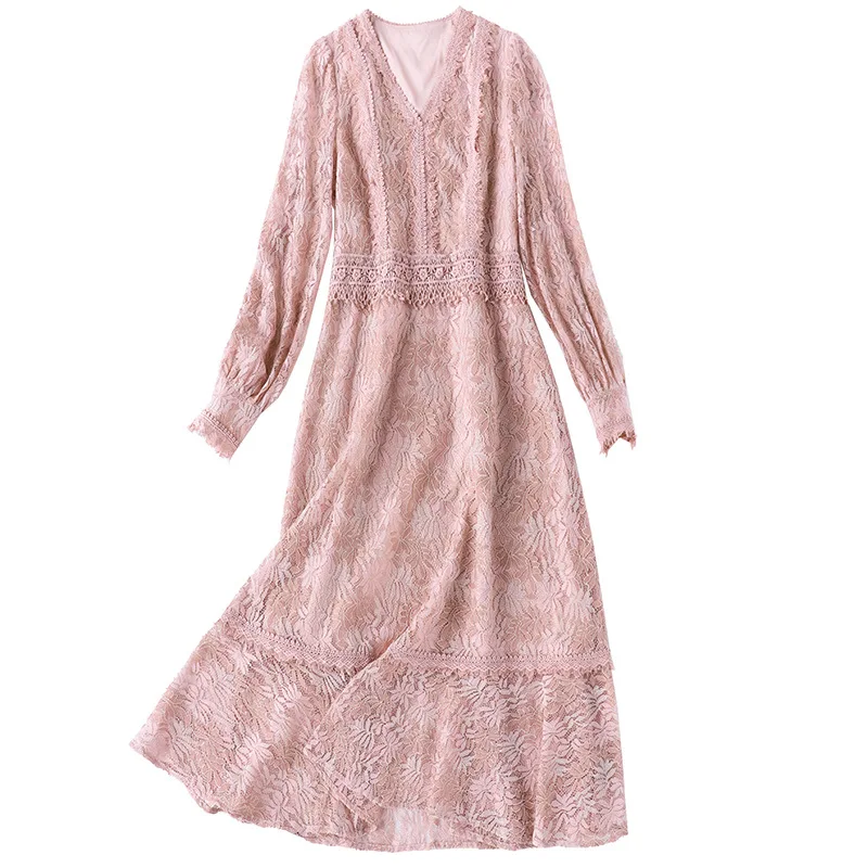 Женское элегантное кружевное платье весна-лето длинное черное розовое в