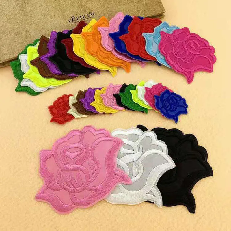 

Beautiful Rose Flowers Embroidery Iron On Patches For DIY Crafts Clothing Stickers Stripes Applique Hole Repair Dress