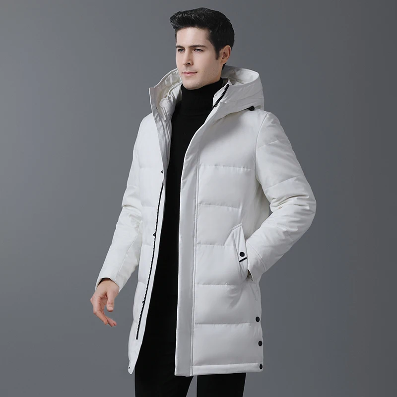 Мужской русский зимний утепленный длинный пуховик с капюшоном