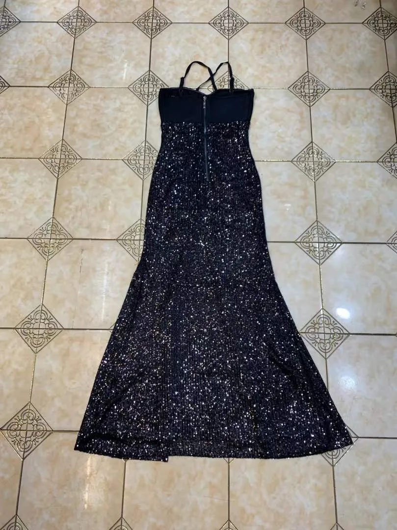 

Women Summer Sexy Mesh Sequins Glitter Black Sparkly Maxi Long Lady Dress 2021 Designer Fashion Evening Party Dress Vestido