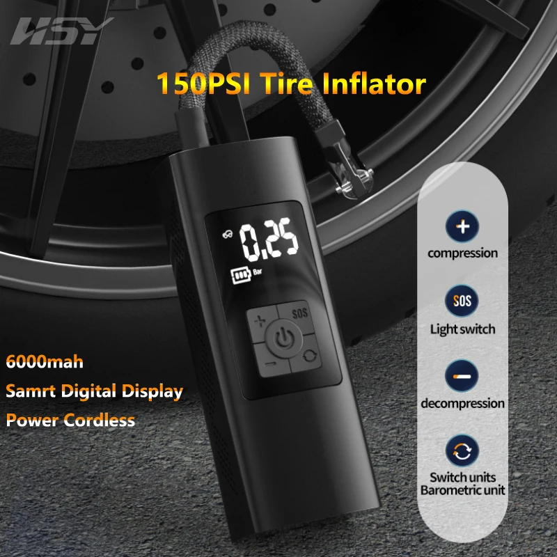 Rechargeable Air Pump 150PSI 6000mA Tire Inflator Cordless Portable Compressor Digital Car Tire Pump for Bicycle Tires Toys